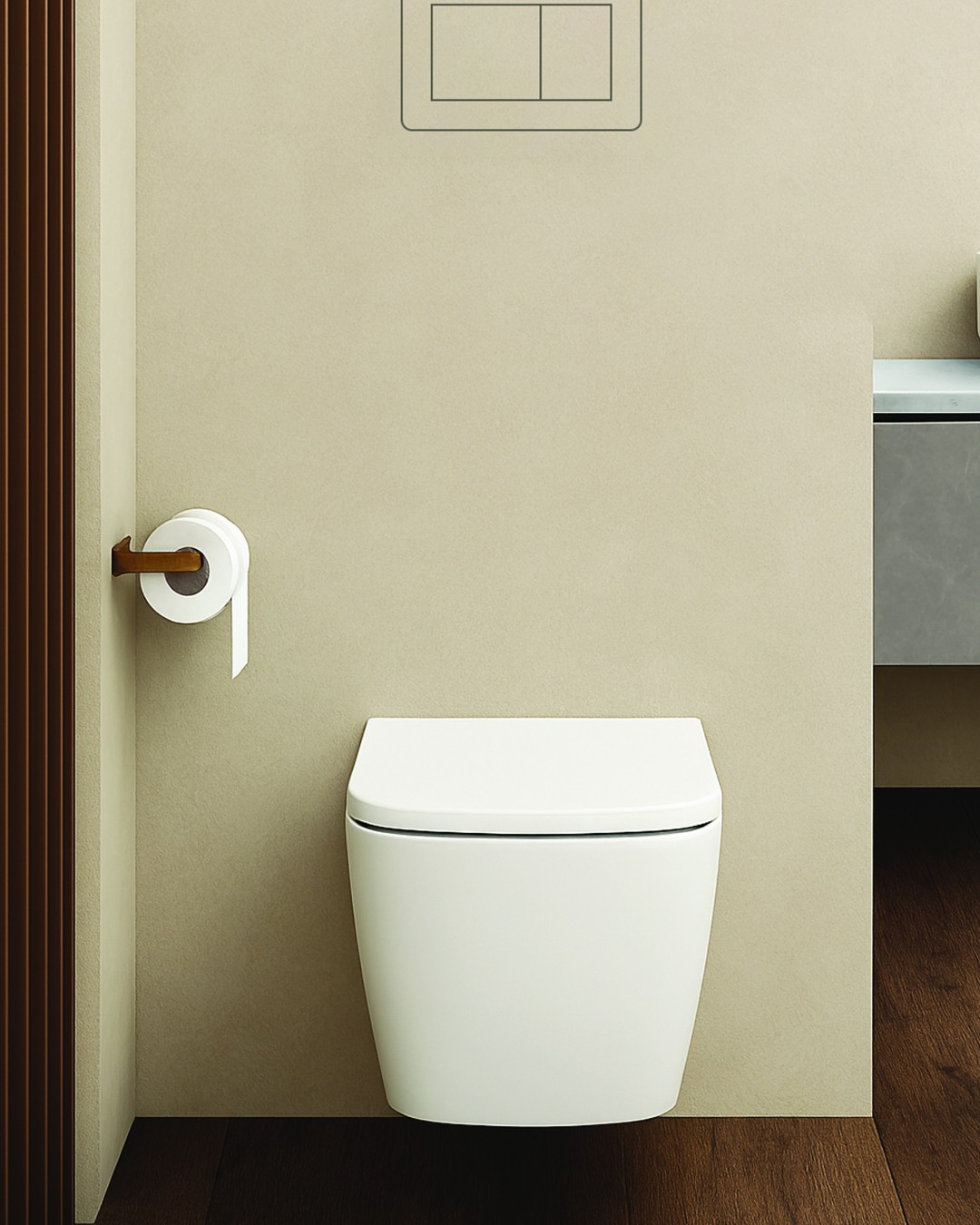 MuraFlush concealed flush plate above a wall-hung toilet in a modern bathroom